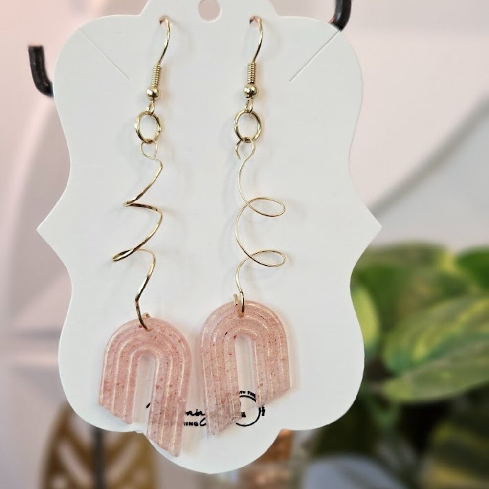Handcrafted- One of a kind, Pink Resin Dangle Arches with Gold Curled wire